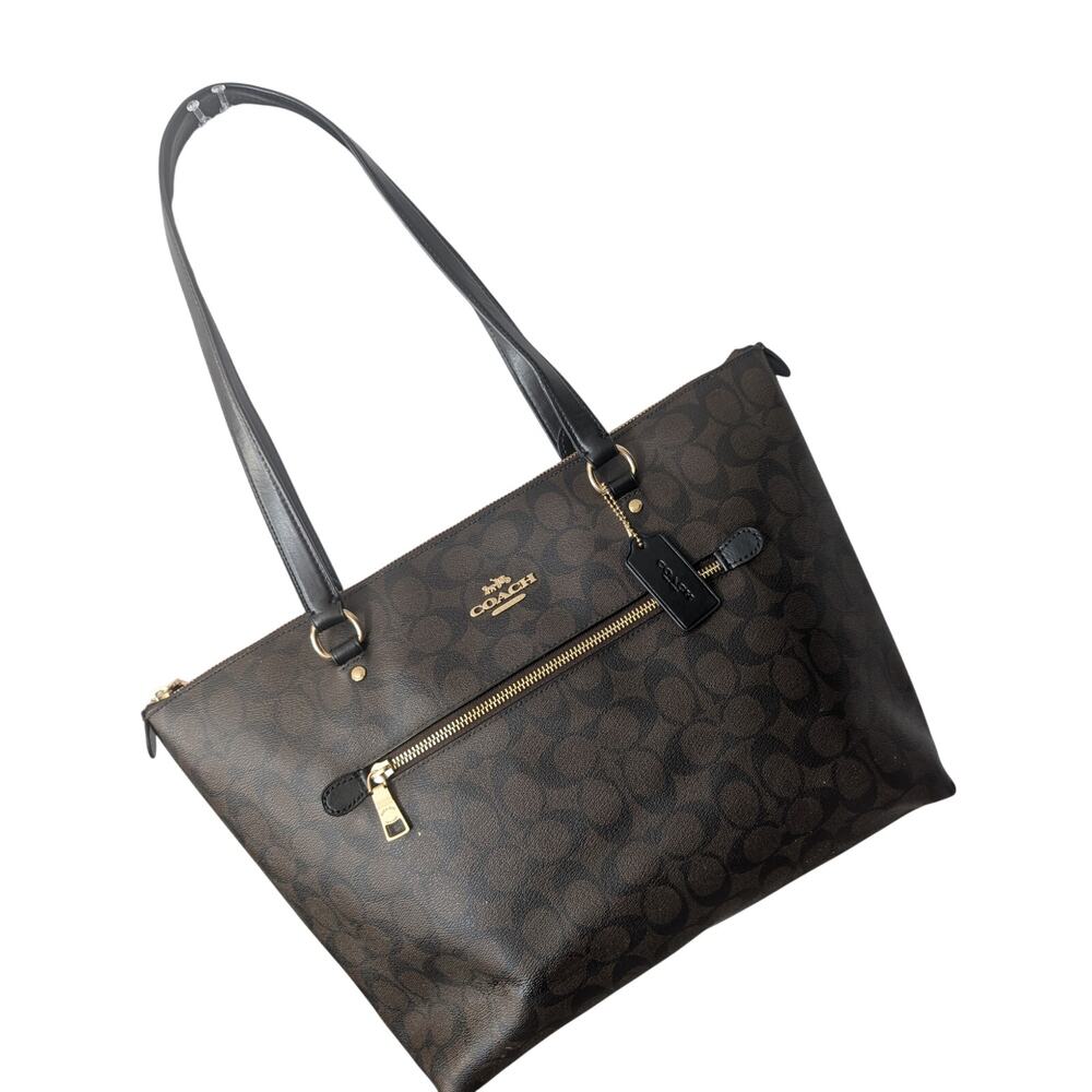 Coach Brown Signature Canvas Tote with Black Handles and Gold Hardware